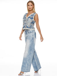 WOMEN'S SLEEVELESS V-NECK BUTTON UP EMBROIDERY DENIM VEST