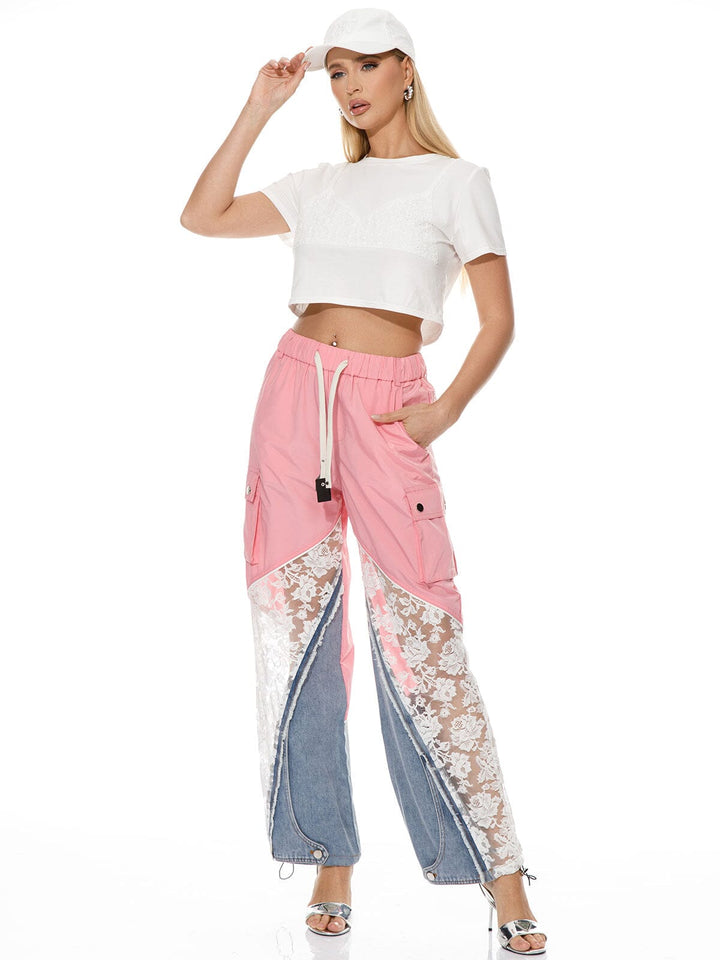 WOMEN'S ELASTIC WAISR FRONT POCKETS WIDE LEG CONTRAST PANTS