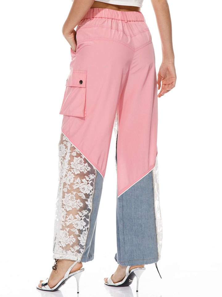 WOMEN'S ELASTIC WAISR FRONT POCKETS WIDE LEG CONTRAST PANTS