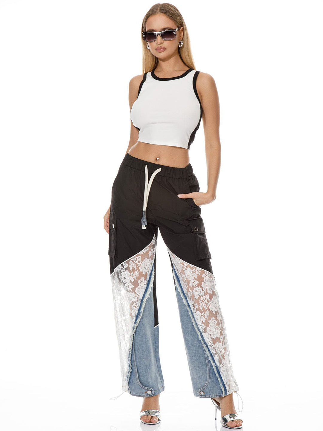 WOMEN'S ELASTIC WAISR FRONT POCKETS WIDE LEG CONTRAST PANTS