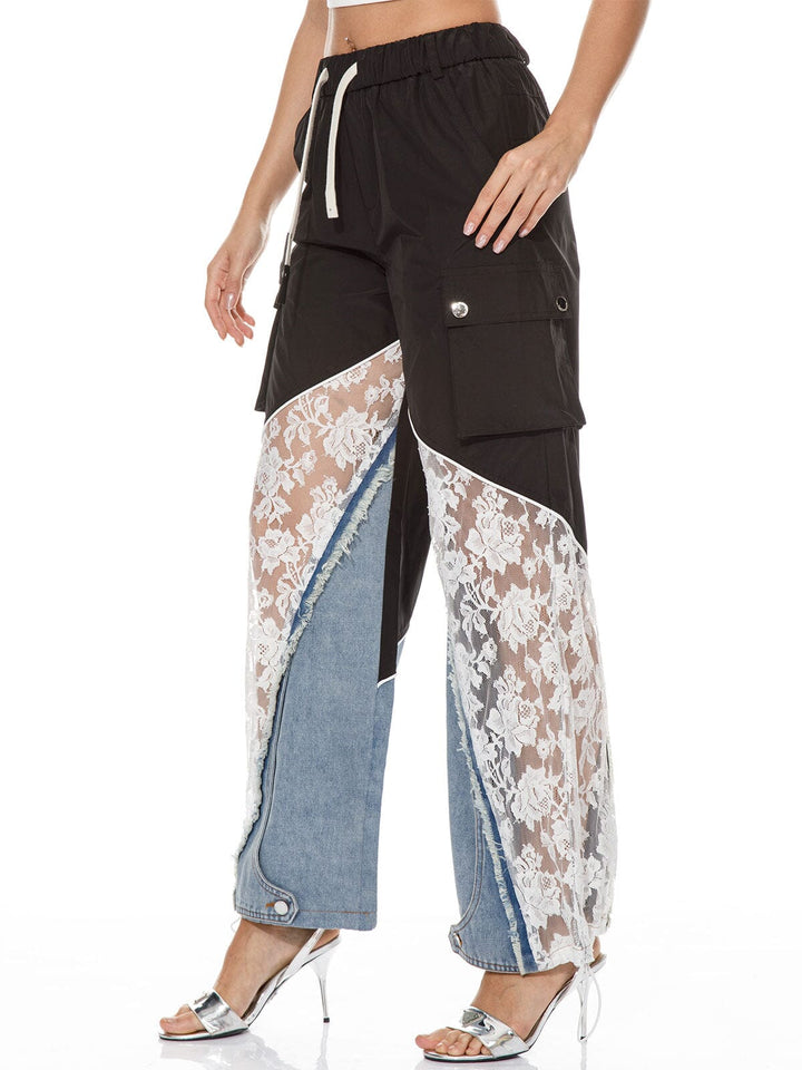 WOMEN'S ELASTIC WAISR FRONT POCKETS WIDE LEG CONTRAST PANTS