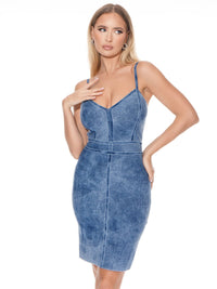 WOMEN'S SLEEVELESS V-NECK WASHED DENIM BODYCON MINI DRESS