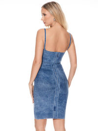 WOMEN'S SLEEVELESS V-NECK WASHED DENIM BODYCON MINI DRESS