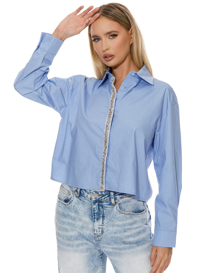 WOMEN'S LONG SLEEVE BUTTON UP STUDS DETAILED BLOUSE