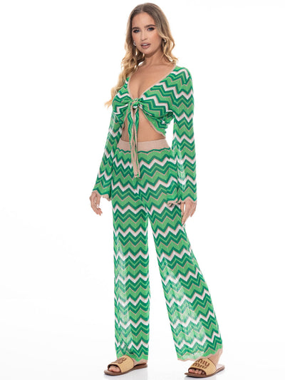 WOMEN'S ELASTIC WAIST STRIPES COLORBLOCK WIDE LEG KNIT PANTS