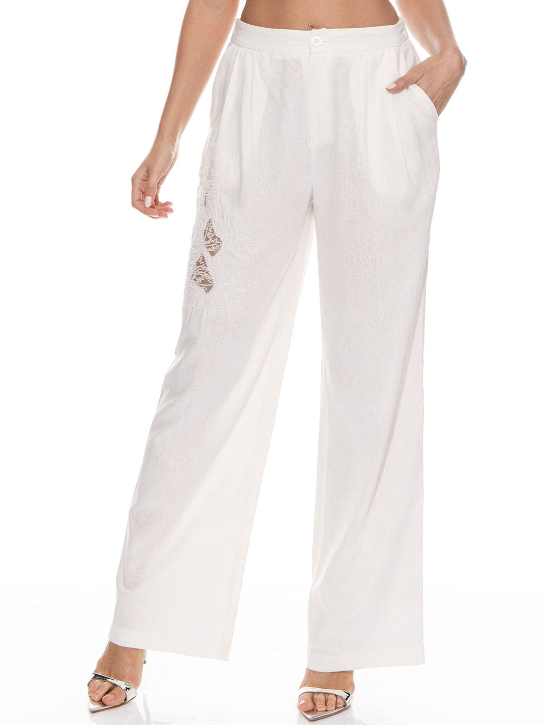 WOMEN'S BUTTON CLOSURE FRONT POCKETS WIDE LEG DETAILED PANTS