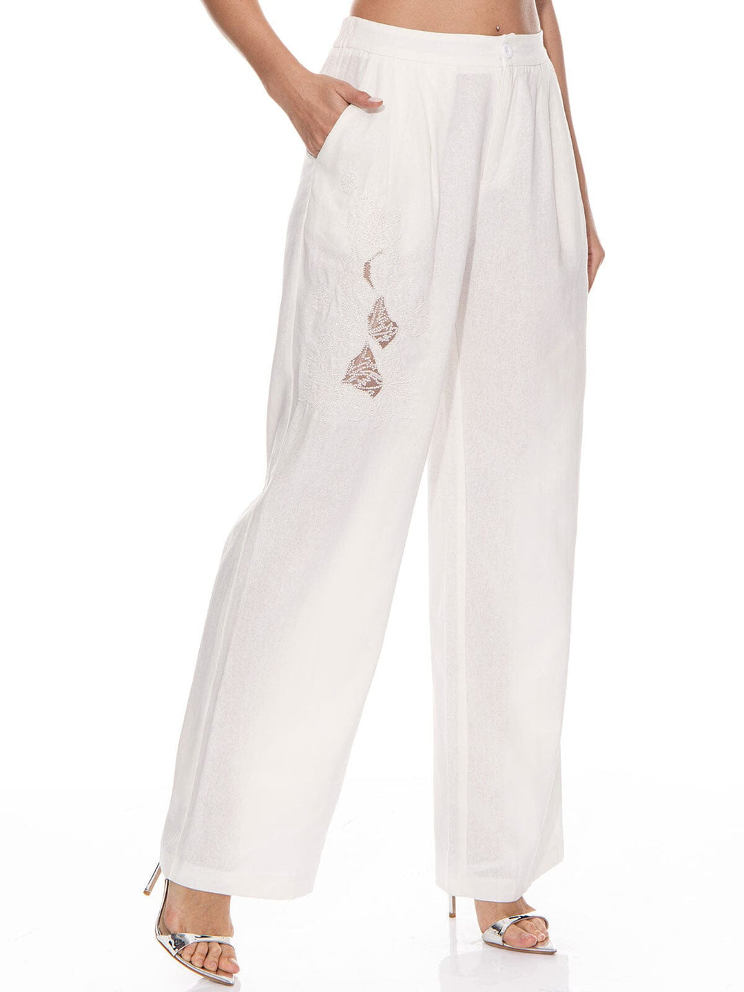 WOMEN'S BUTTON CLOSURE FRONT POCKETS WIDE LEG DETAILED PANTS