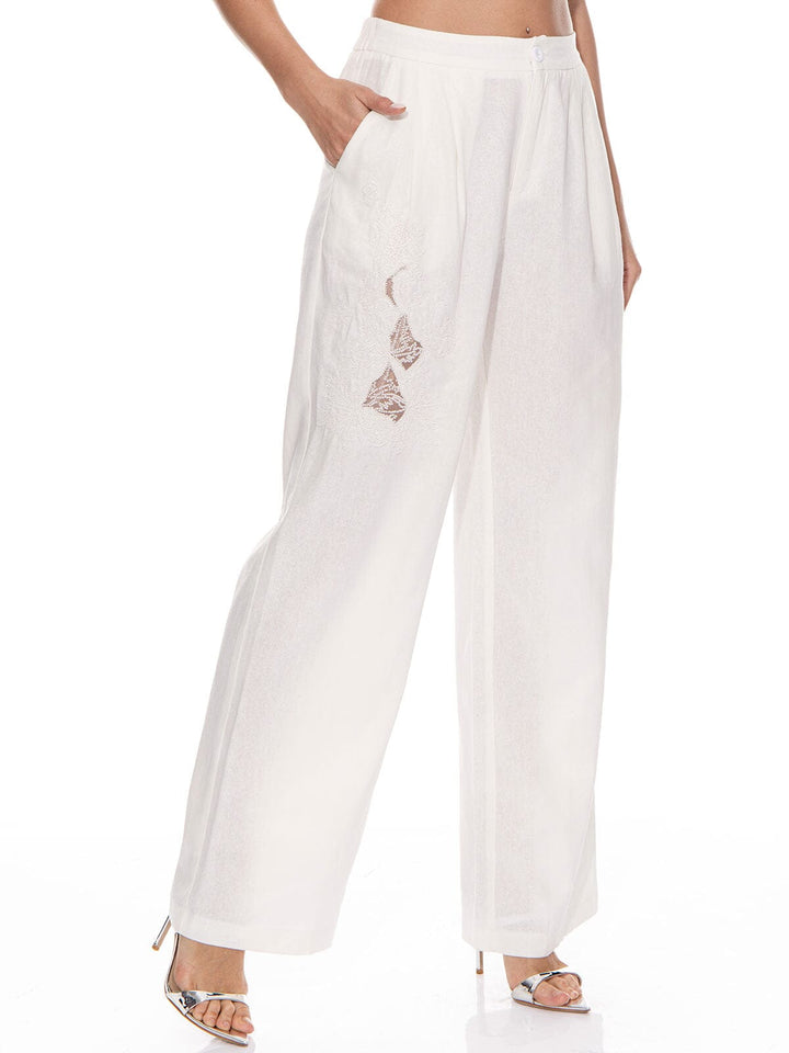 WOMEN'S BUTTON CLOSURE FRONT POCKETS WIDE LEG DETAILED PANTS