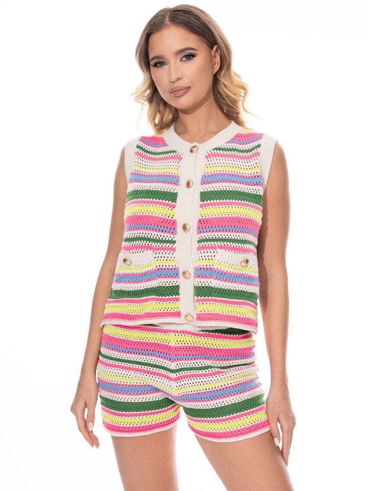 WOMEN'S SLEEVELESS TANK TOP & ELASTIC WAIST SHORTS COLORBLOCK STRIPES KNIT 2PC. SET