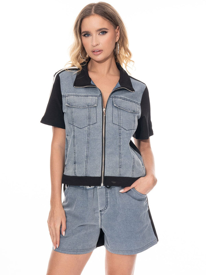 WOMEN'S SHORT SLEEVE TOP & ELASTIC WAIST SHORTS DENIM CONTRAST 2PC. SET