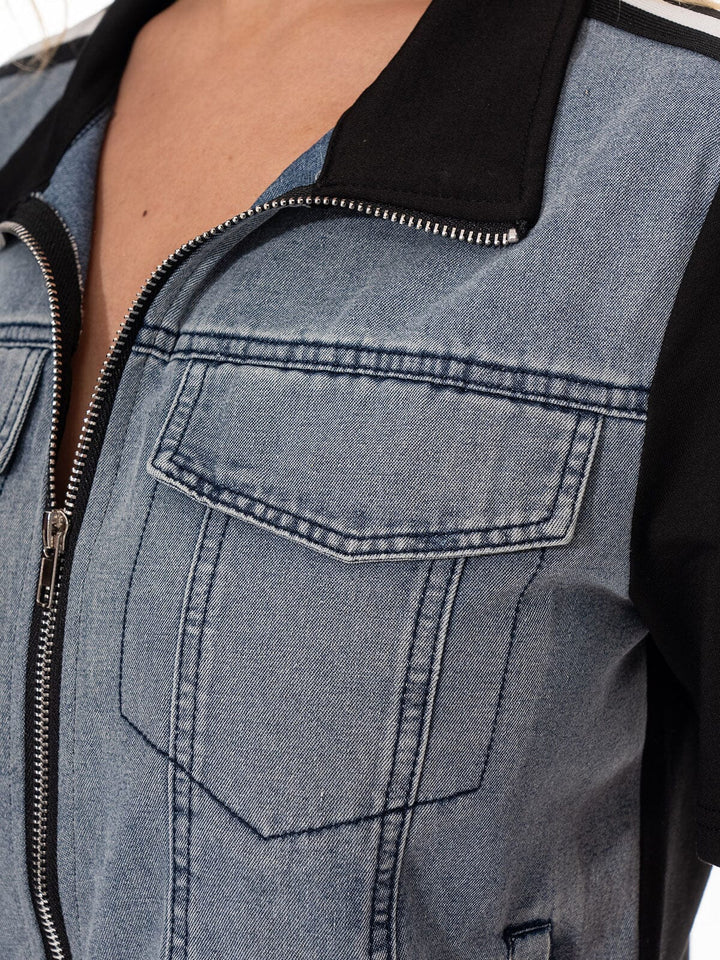 WOMEN'S SHORT SLEEVE TOP & ELASTIC WAIST SHORTS DENIM CONTRAST 2PC. SET