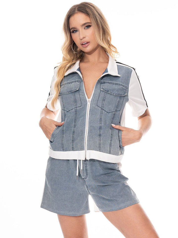 WOMEN'S SHORT SLEEVE TOP & ELASTIC WAIST SHORTS DENIM CONTRAST 2PC. SET