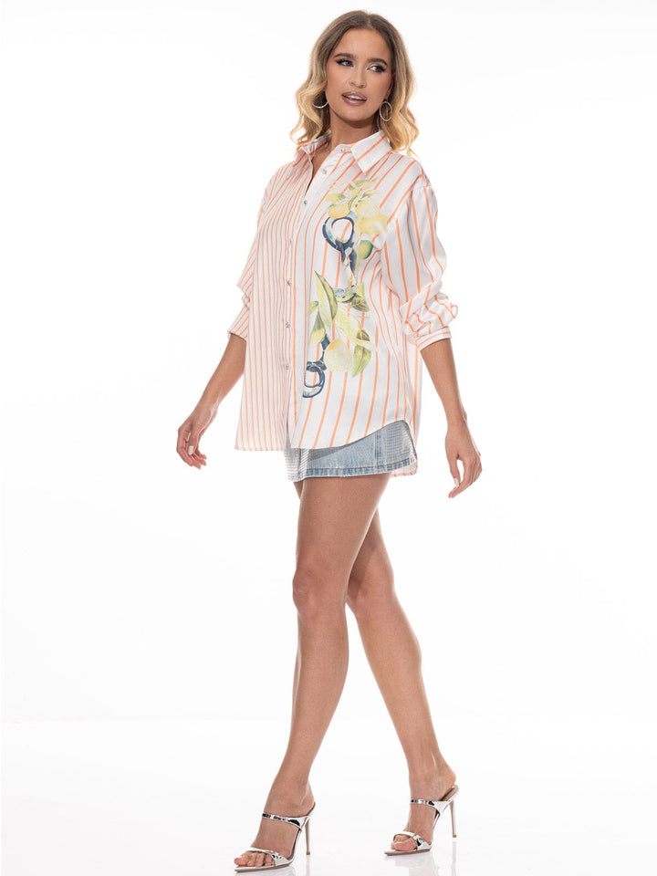 WOMEN'S LONG SLEEVE BUTTON UP STRIPES FLORAL BLOUSE