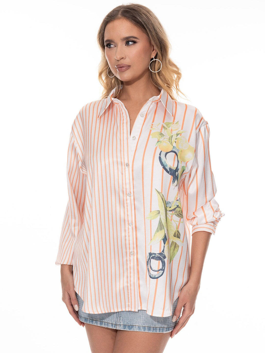 WOMEN'S LONG SLEEVE BUTTON UP STRIPES FLORAL BLOUSE