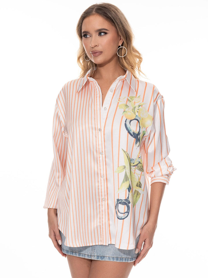 WOMEN'S LONG SLEEVE BUTTON UP STRIPES FLORAL BLOUSE