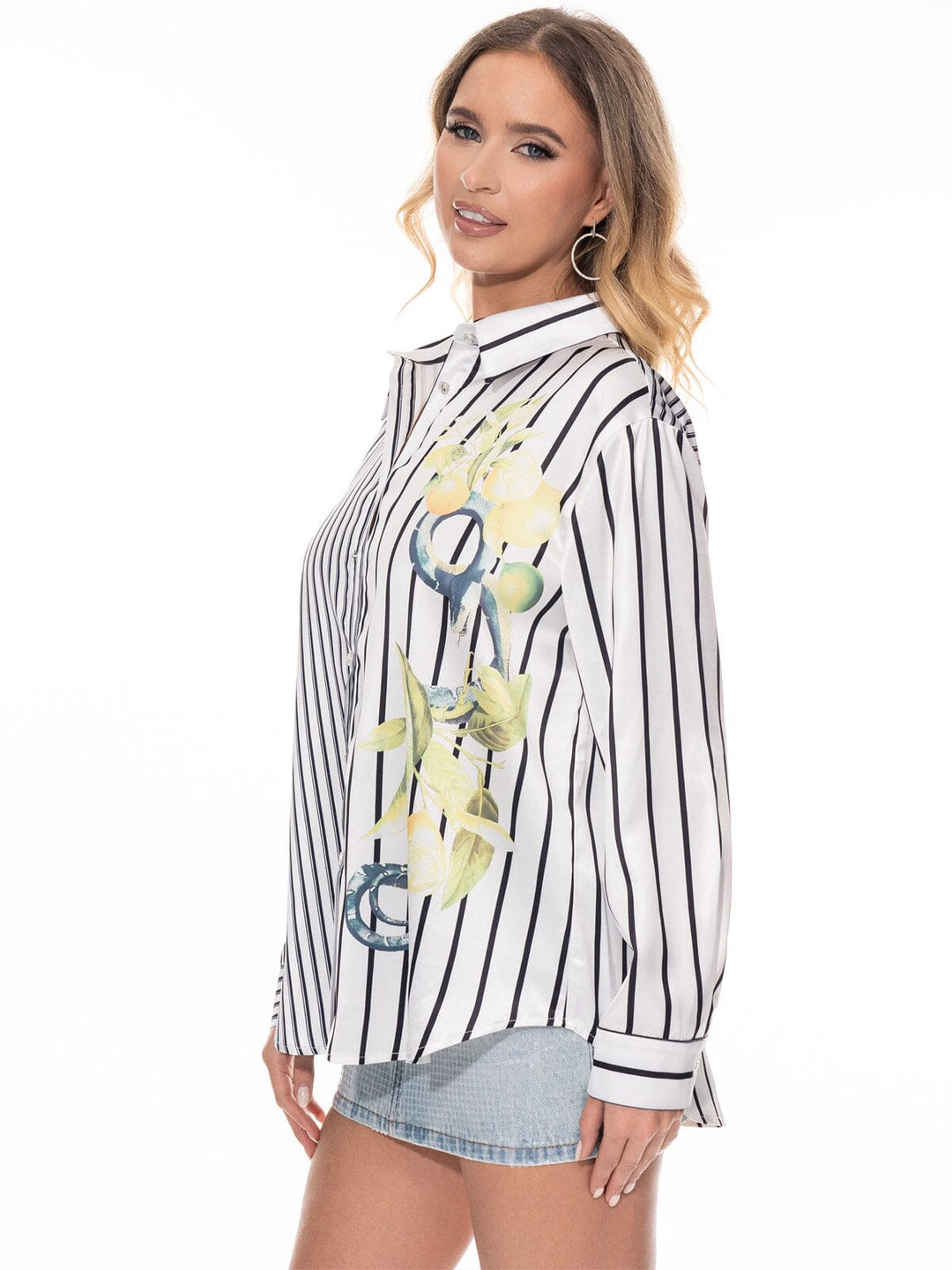 WOMEN'S LONG SLEEVE BUTTON UP STRIPES FLORAL BLOUSE