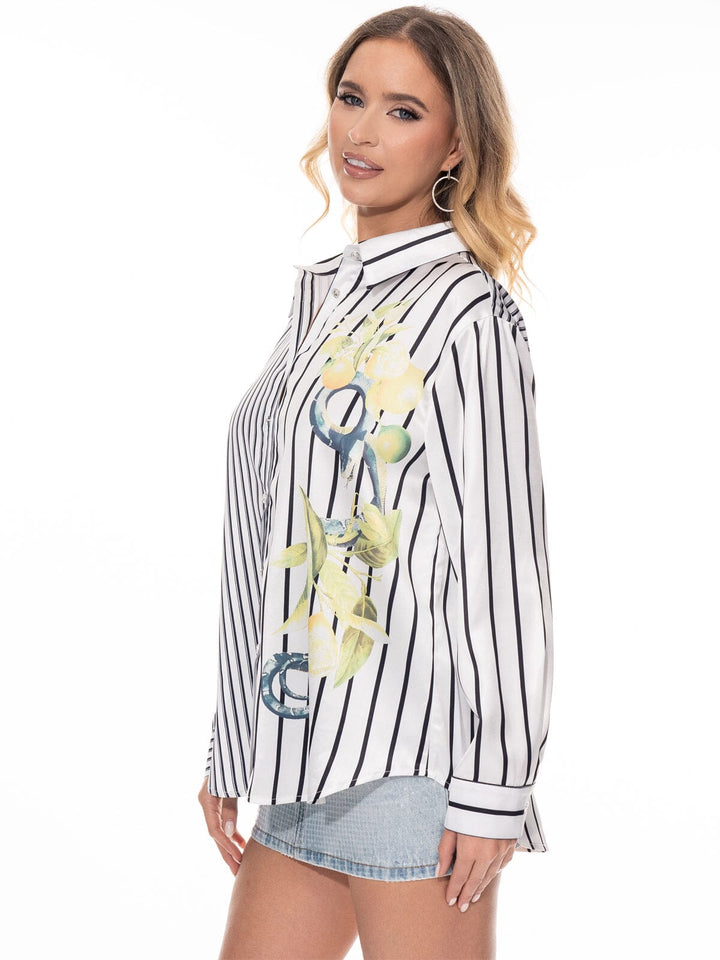 WOMEN'S LONG SLEEVE BUTTON UP STRIPES FLORAL BLOUSE