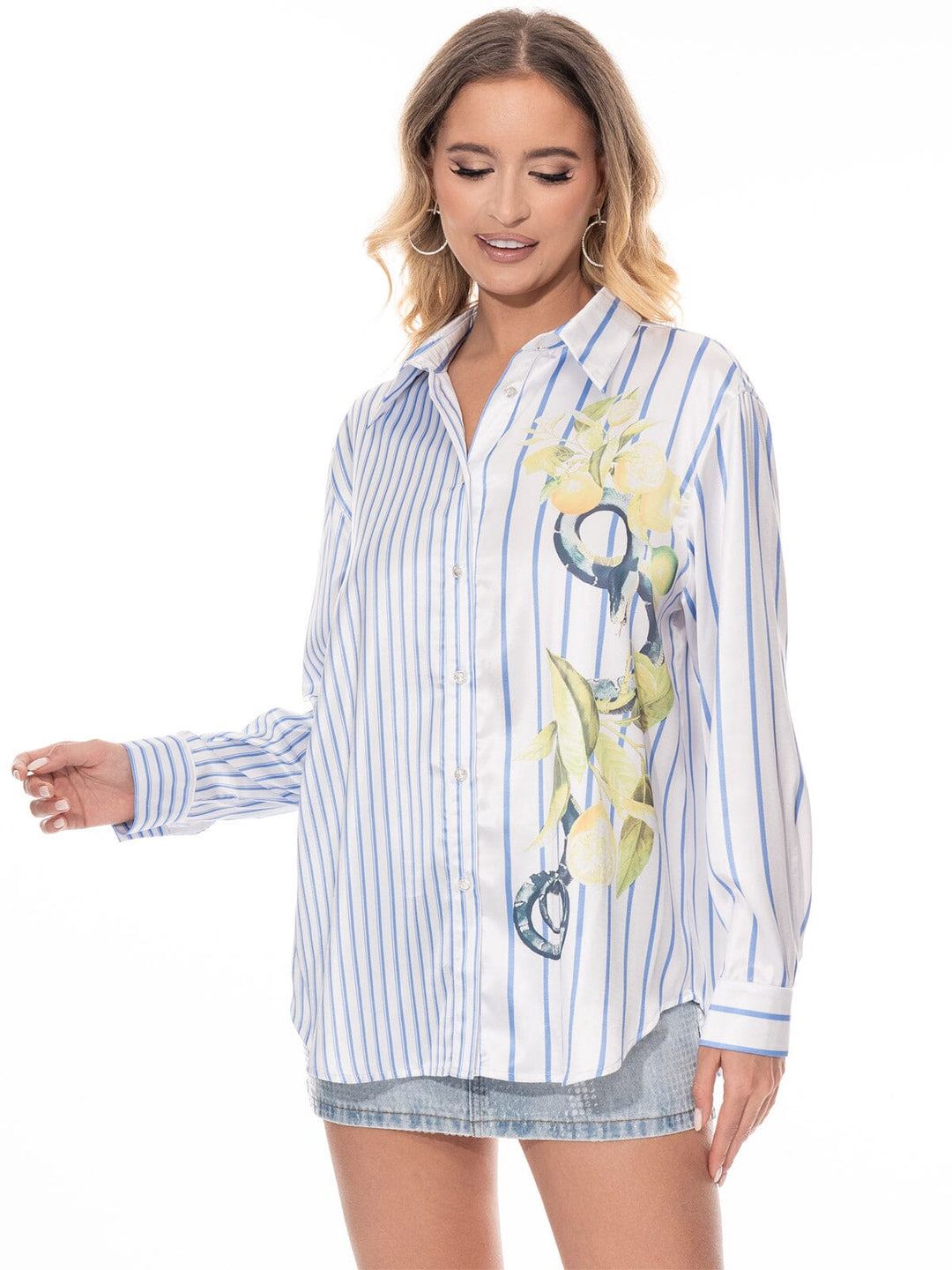 WOMEN'S LONG SLEEVE BUTTON UP STRIPES FLORAL BLOUSE