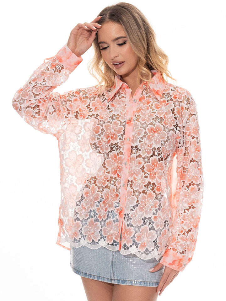 WOMEN'S LONG SLEEVE BUTTON UP HIGH-LOW LACE FLORAL BLOUSE
