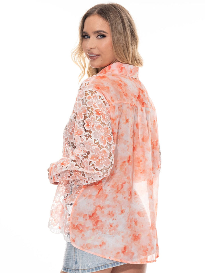 WOMEN'S LONG SLEEVE BUTTON UP HIGH-LOW LACE FLORAL BLOUSE