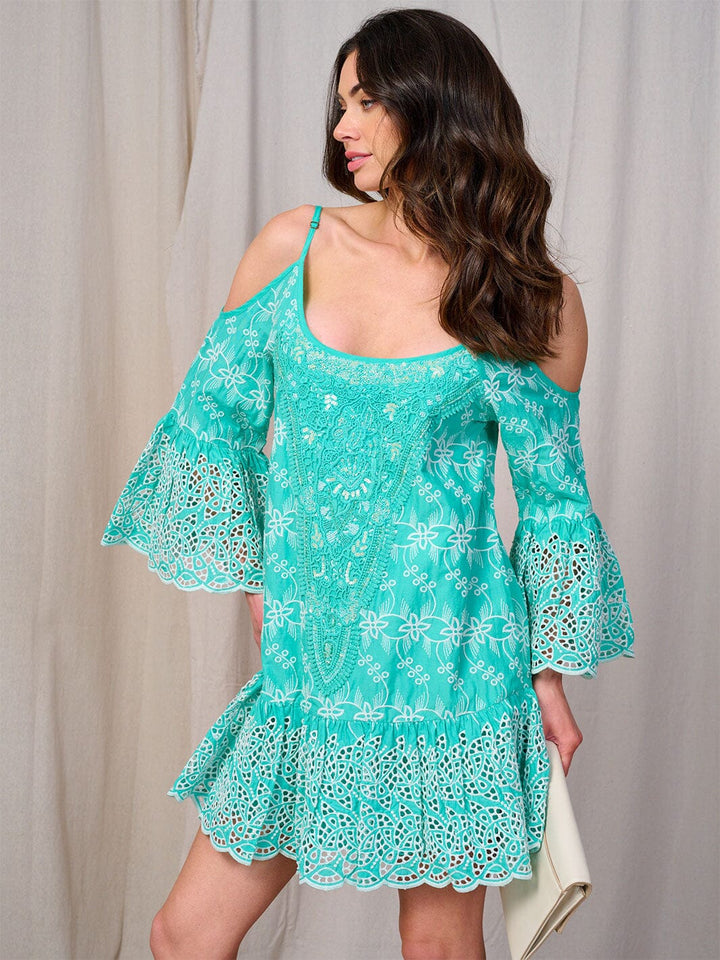 WOMEN'S COLD SHOULDER BELL SLEEVE DETAILED EYELET MINI DRESS