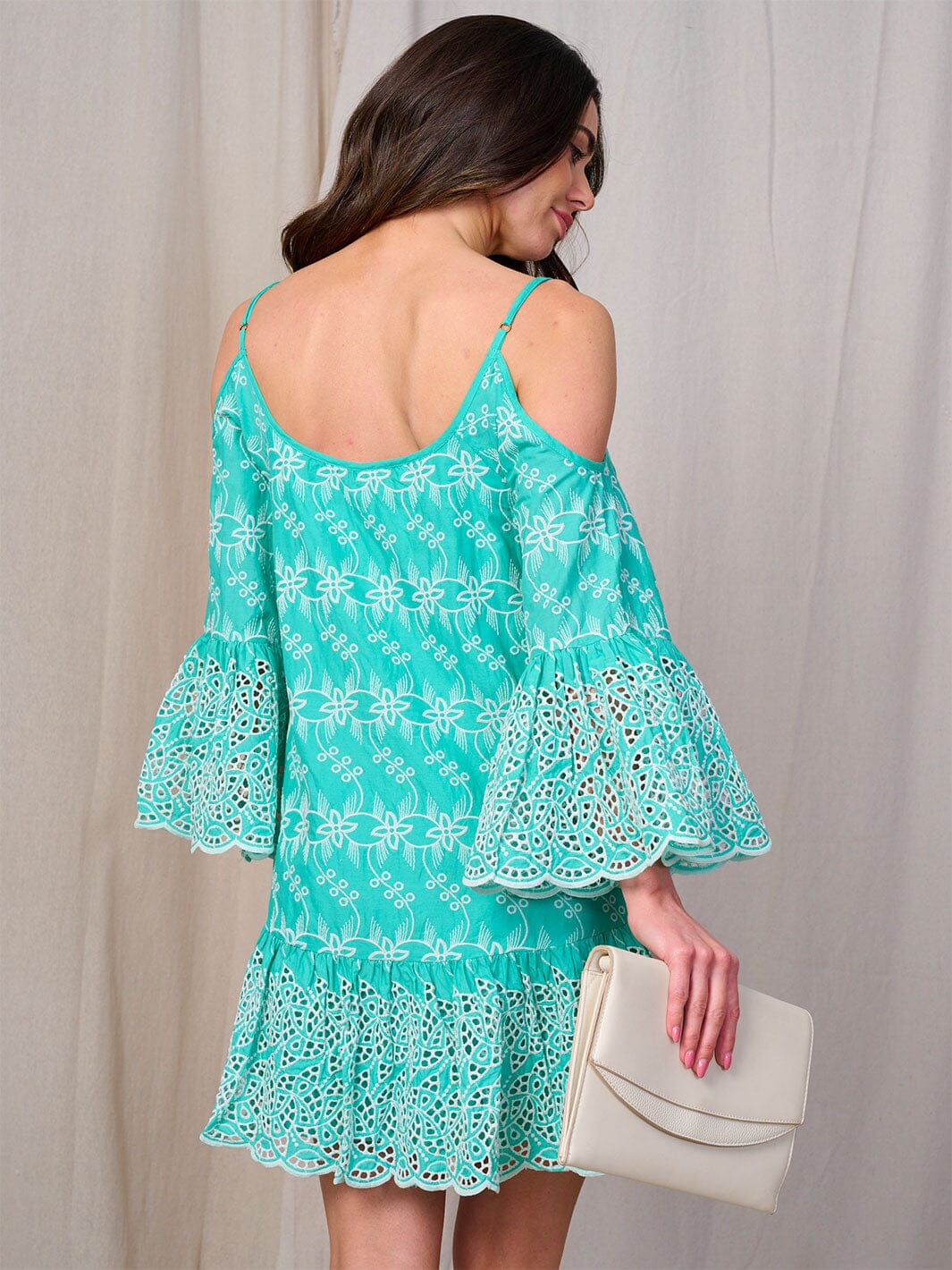 WOMEN'S COLD SHOULDER BELL SLEEVE DETAILED EYELET MINI DRESS