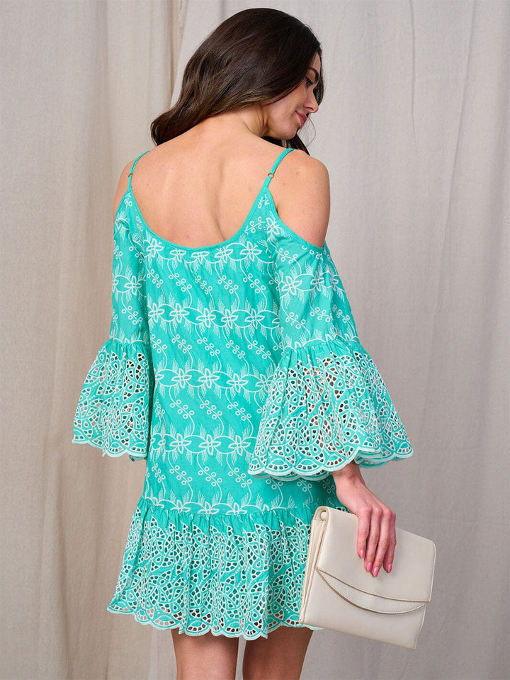 WOMEN'S COLD SHOULDER BELL SLEEVE DETAILED EYELET MINI DRESS