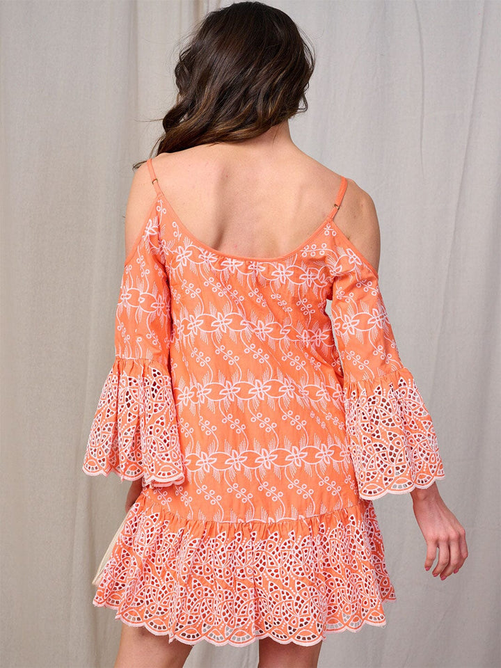 WOMEN'S COLD SHOULDER BELL SLEEVE DETAILED EYELET MINI DRESS