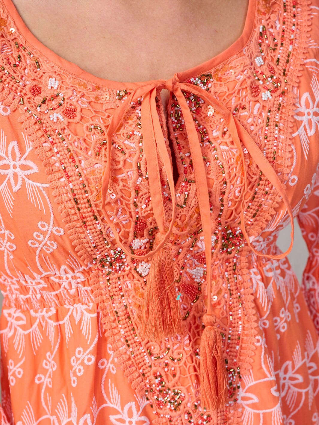 WOMEN'S 3/4 BELL SLEEVE DETAILED EYELET MINI DRESS