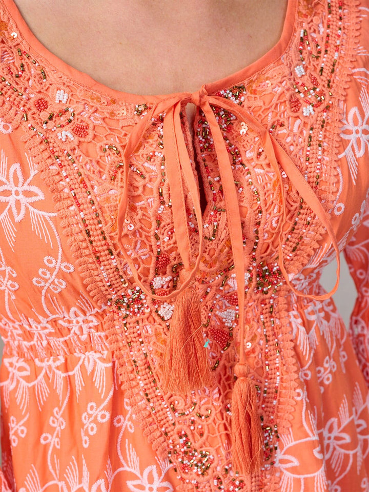 WOMEN'S 3/4 BELL SLEEVE DETAILED EYELET MINI DRESS