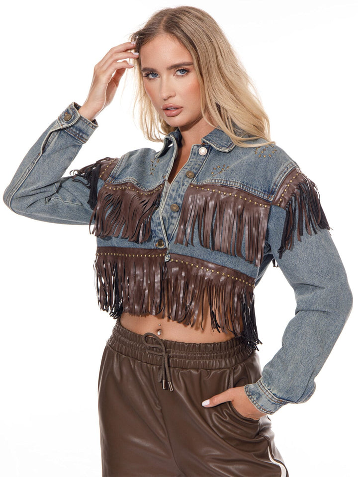 WOMEN'S LONG SLEEVE BUTTON CLOSURE FRINGE DENIM JACKET