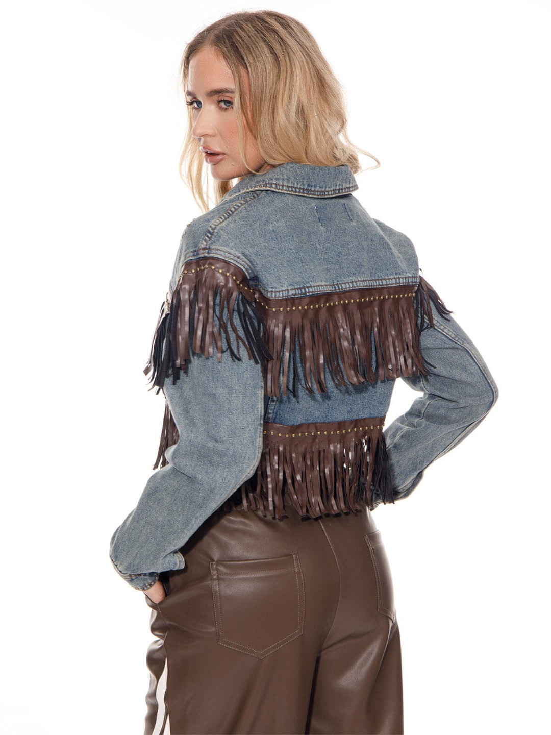 WOMEN'S LONG SLEEVE BUTTON CLOSURE FRINGE DENIM JACKET