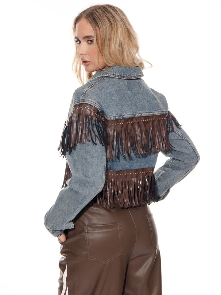 WOMEN'S LONG SLEEVE BUTTON CLOSURE FRINGE DENIM JACKET