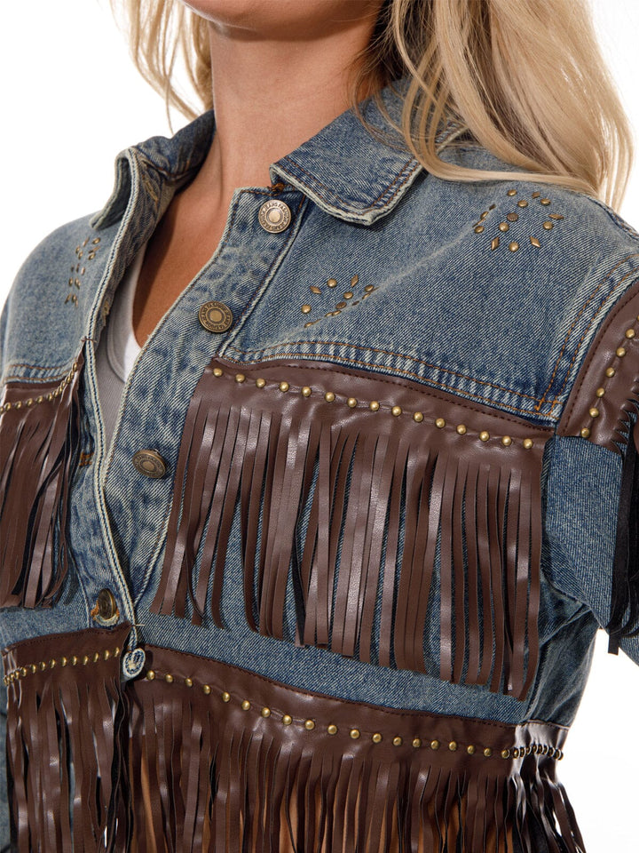 WOMEN'S LONG SLEEVE BUTTON CLOSURE FRINGE DENIM JACKET