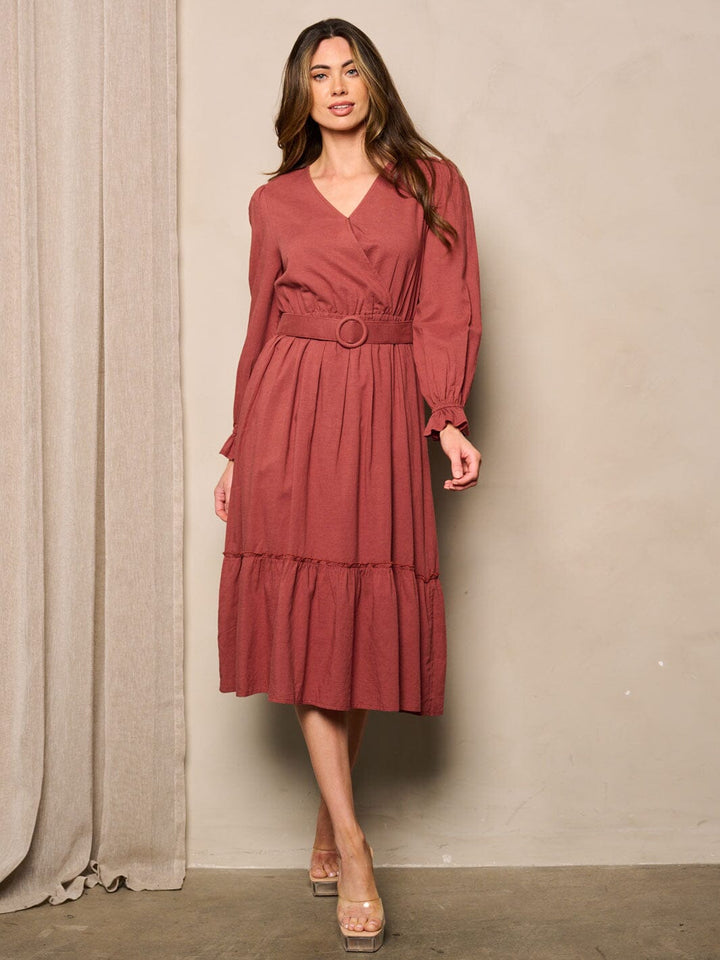WOMEN'S LONG SLEEVE V-NECK SURPLICE BELTED MIDI DRESS