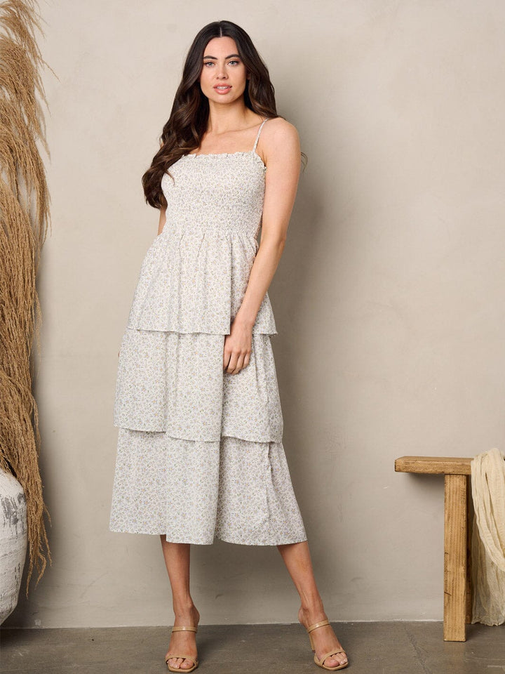 WOMEN'S SLEEVELESS RUFFLE TIERED FLORAL MIDI DRESS