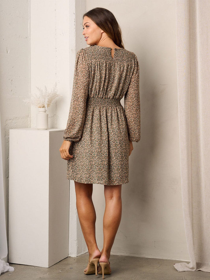 WOMEN'S LONG SLEEVE SMOCK WAIST FLORAL MINI DRESS
