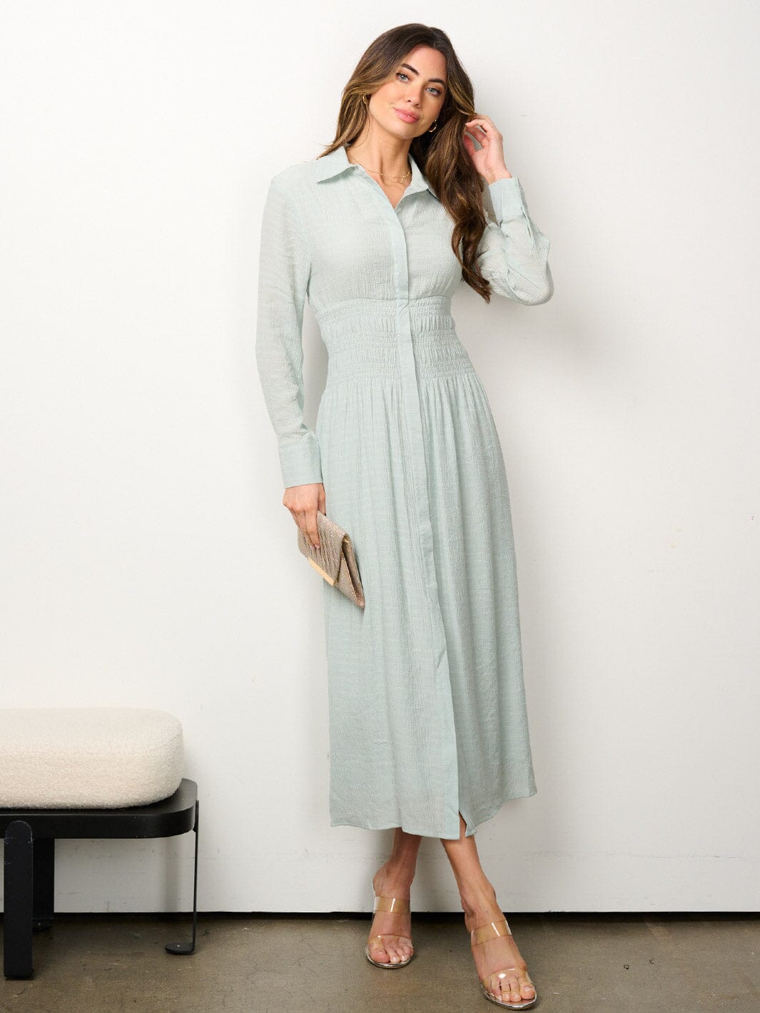 WOMEN'S LONG SLEEVE BUTTON UP SMOCK WAIST MIDI DRESS