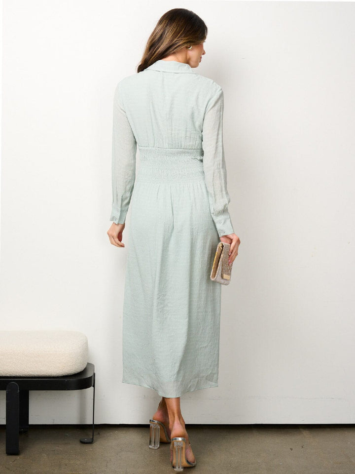 WOMEN'S LONG SLEEVE BUTTON UP SMOCK WAIST MIDI DRESS