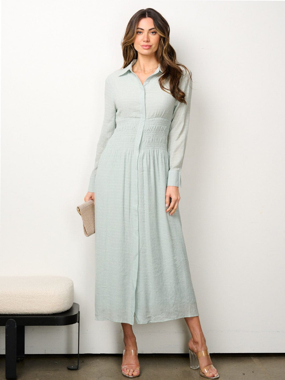 WOMEN'S LONG SLEEVE BUTTON UP SMOCK WAIST MIDI DRESS