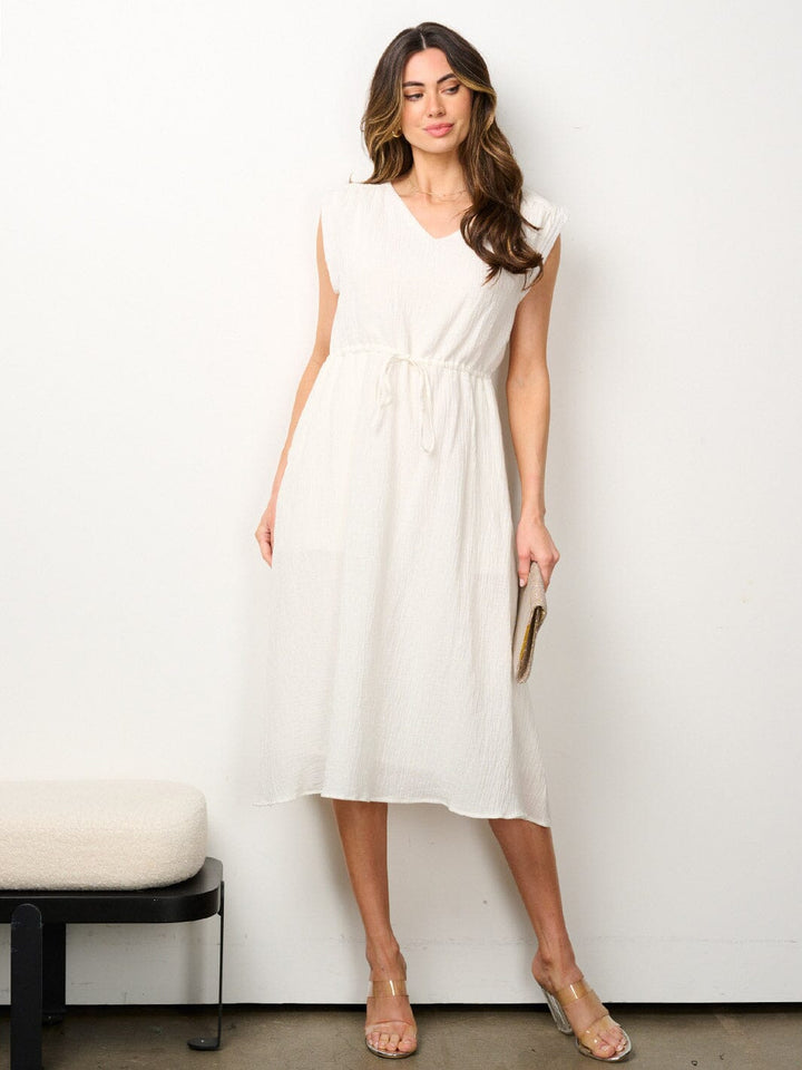 WOMEN'S SLEEVELESS V-NECK POCKETS ELASTIC WAIST MIDI DRESS