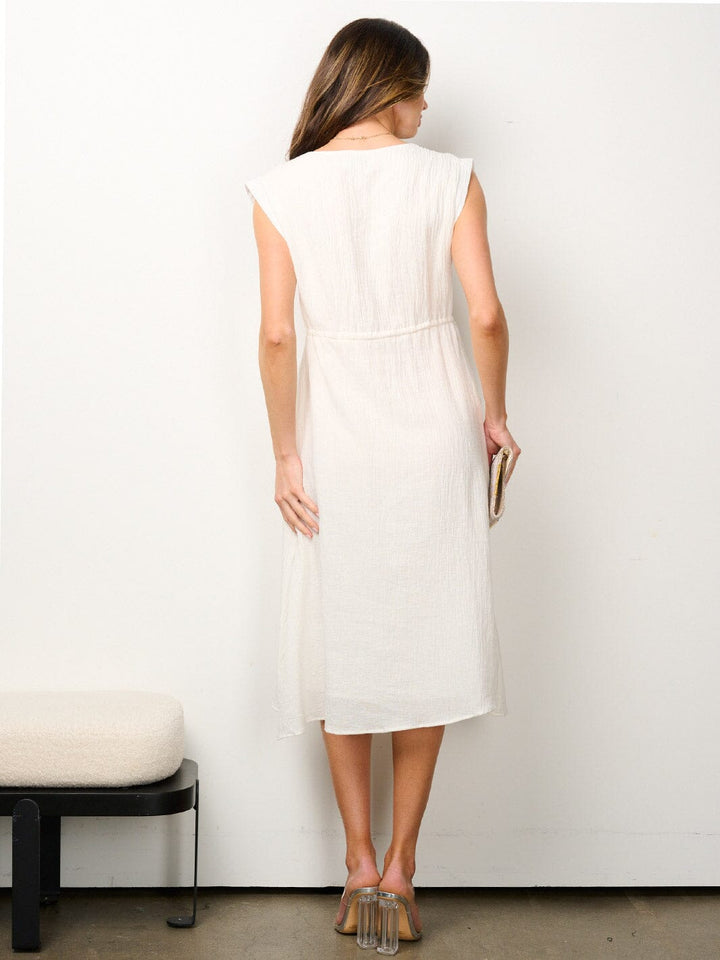 WOMEN'S SLEEVELESS V-NECK POCKETS ELASTIC WAIST MIDI DRESS