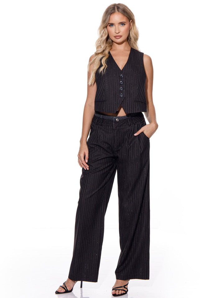 WOMEN'S SLEEVELESS OPEN BACK V-NECK BUTTON UP SHIMMER STRIPES TOP