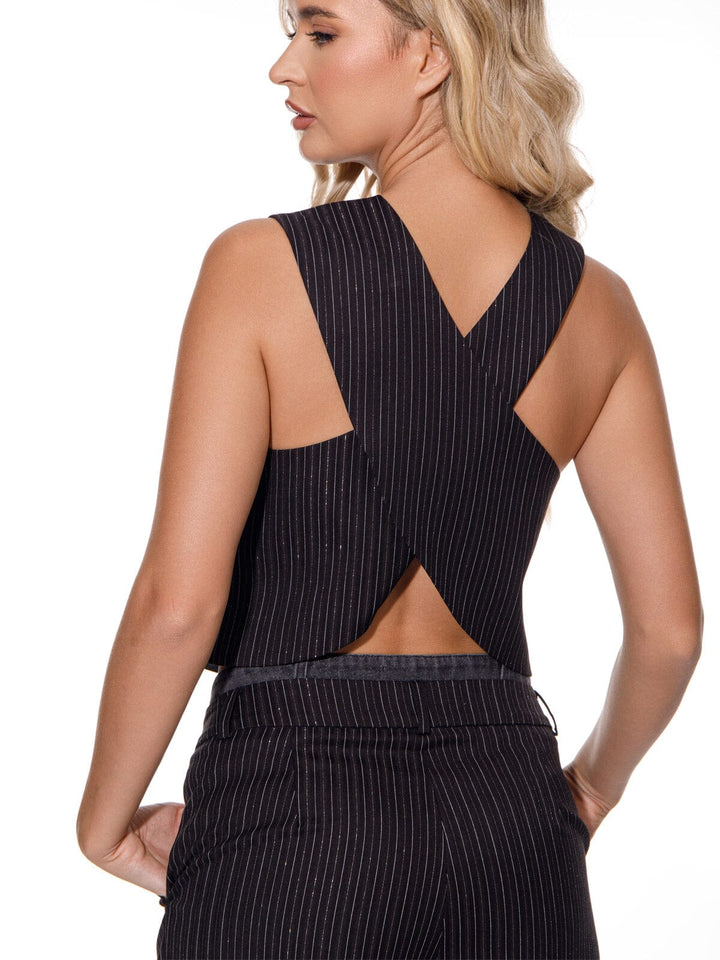 WOMEN'S SLEEVELESS OPEN BACK V-NECK BUTTON UP SHIMMER STRIPES TOP