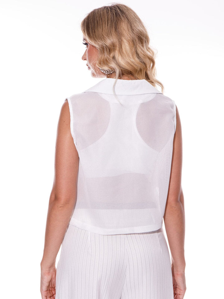 WOMEN'S SLEEVELESS BUTTON CLOSURE FRONT DETAILED MESH VEST