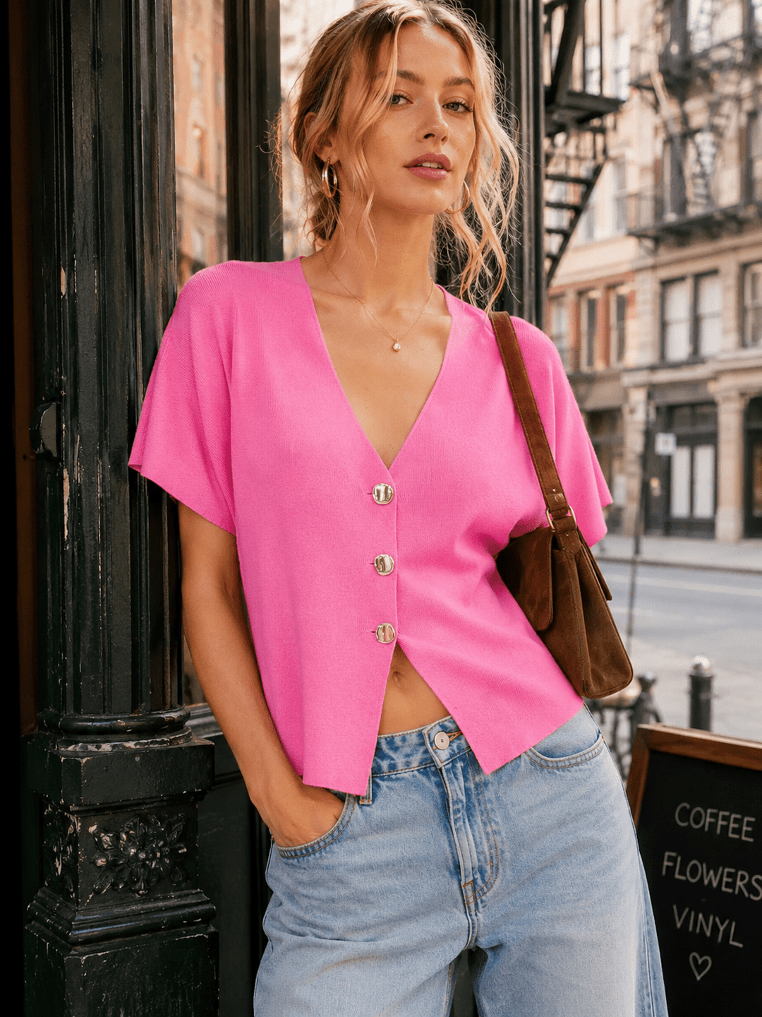 WOMEN'S SHORT SLEEVE V-NECK BUTTON UP RIBBED BLOUSE