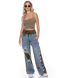 WOMEN'S ELASTIC WAIST POCKETS WIDE LEG CAMO PRINT DENIM PANTS