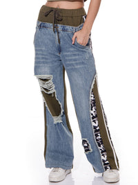 WOMEN'S ELASTIC WAIST POCKETS WIDE LEG CAMO PRINT DENIM PANTS