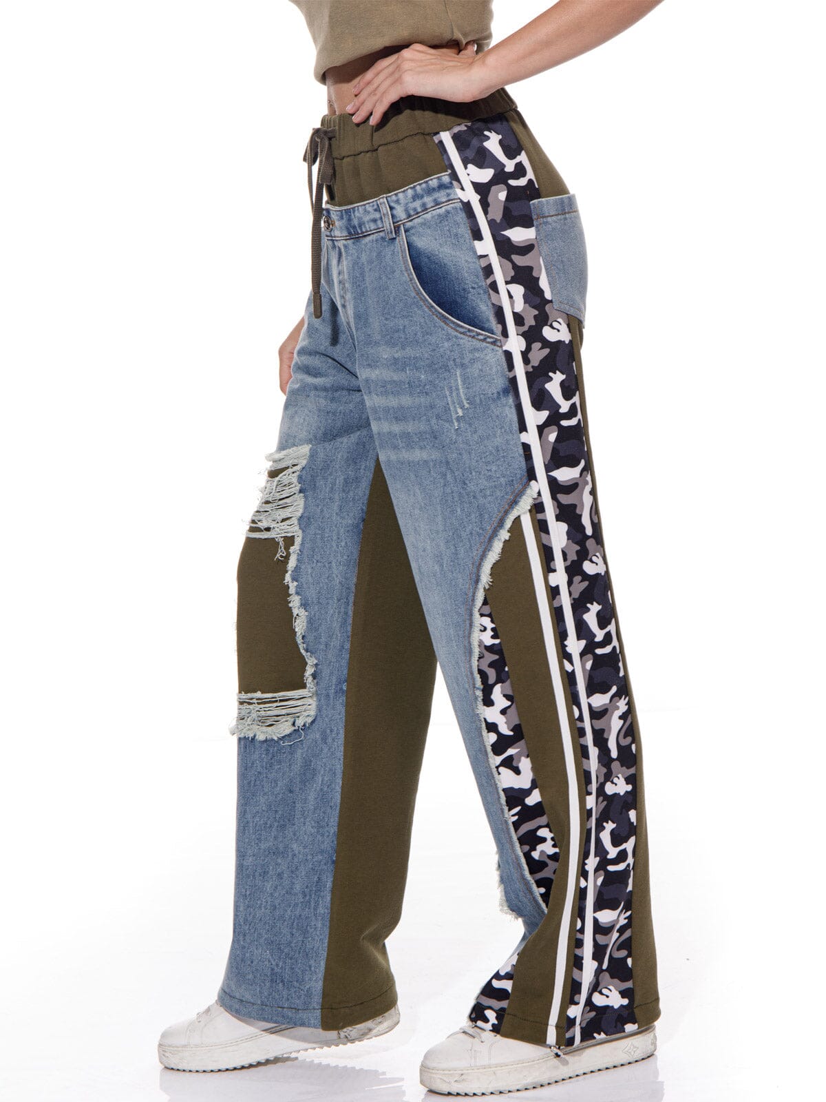 WOMEN'S ELASTIC WAIST POCKETS WIDE LEG CAMO PRINT DENIM PANTS