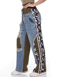 WOMEN'S ELASTIC WAIST POCKETS WIDE LEG CAMO PRINT DENIM PANTS
